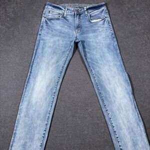 American Eagle Slim Straight Jeans Mens 32x33 Light Wash Faded Blue Denim Grunge